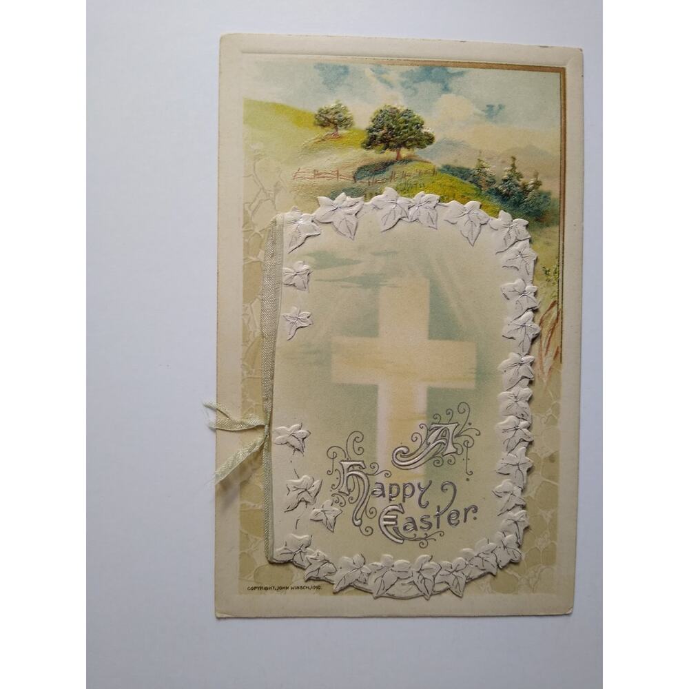 1910 John Winsch Die Cut Embossed Happy Easter Booklet Postcard Cross & Ivy
